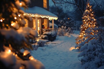 Snowcovered house adorned with lights, Christmas tree glowing in front yard, festive holiday spirit.