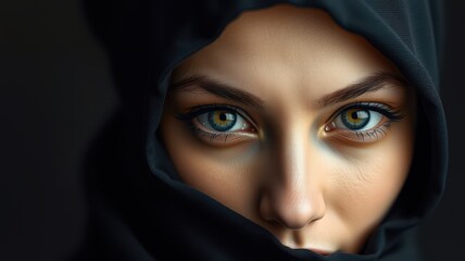 A woman with blue eyes looks intensely at the camera, partially covered by a dark headscarf
