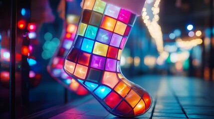 Vibrant sneakers on urban sidewalk, showcasing bold patterns, bright hues, casual street style.