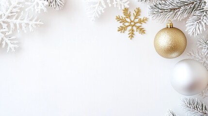 Elegant Christmas scene with white, gold ornaments, shimmering lights, festive ribbons, pine branches on soft, snowy backdrop.