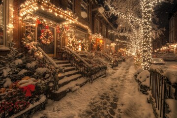 Snowcovered street lined with charming houses, warm lights glowing, winter wonderland, serene picturesque holiday setting.