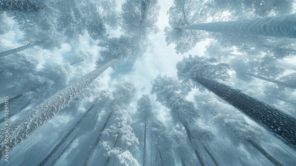 Poster a low angle view of a snowy forest with tall trees reaching towards a cloudy sky.