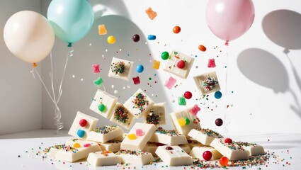 Festive White Chocolate Bars with Colorful Candy and Balloons.
