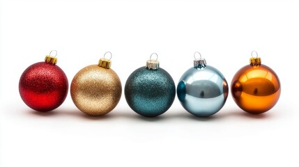 A row of Christmas ornaments with different colors and sizes