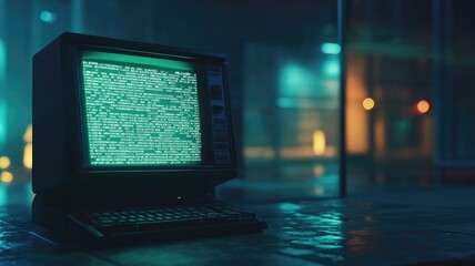Vintage computer with green text screen in dark, futuristic room