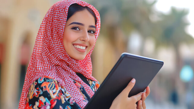 A woman wearing a red and black scarf is holding a tablet