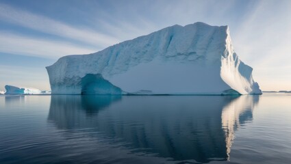 Iceberg reflection on calm arctic waters in bright sunlight.