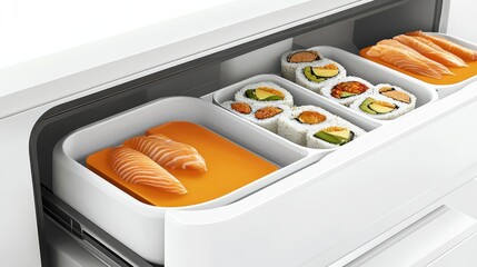 Fresh Sushi and Salmon Fillets in Chilled Drawer of Modern Refrigerator Showcasing Gourmet Culinary Delights for Food Lovers and Home Chefs