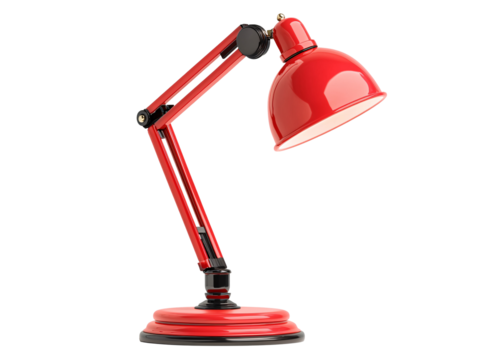a red desk lamp with a white background