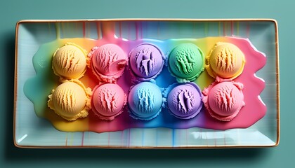 Obraz premium Delight your senses with a vibrant rainbow of melting ice cream flavors on a stunning plate