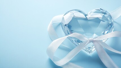 Clear crystal heart with white ribbon on light blue background