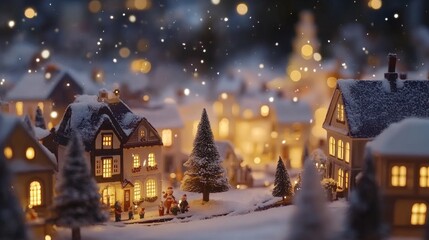 Fototapeta premium Small town square adorned with glowing Christmas lights, featuring festive Christmas tree under starry winter sky.