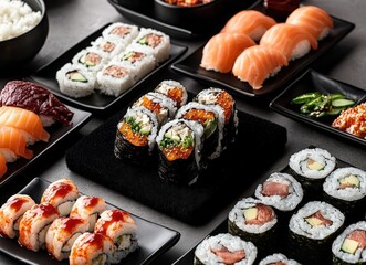 Various types of sushi arranged on black plates.