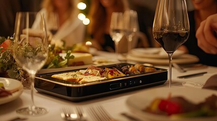 Fototapeta premium Elegant Dining Experience with Gourmet Food on a Table Surrounded by Conversation and Fine Wine in a Cozy Atmosphere with Soft Lighting
