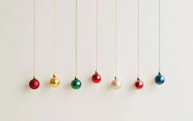 Festive Christmas ornaments hanging on wall, featuring sparkling red, gold, green baubles with pine branches.