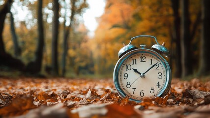 Vintage alarm clock on autumn foliage in forest setting during daytime