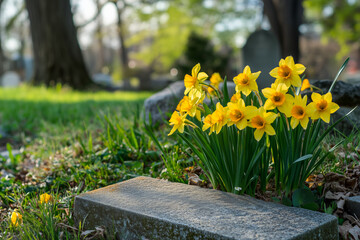 Yellow jonquil narcissus flowers growing beside an old gravestone in a cemetery.