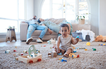 Playing, toys and baby with parents sleeping in living room for fatigue, exhaustion and burnout....