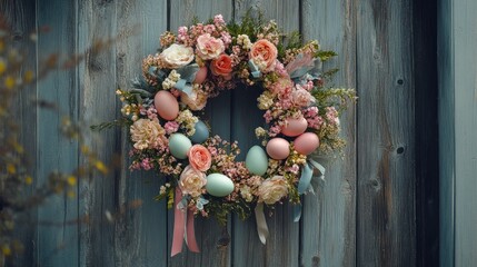 Spring wreath adorned with pastel eggs, flowers, and ribbons on a wooden door.