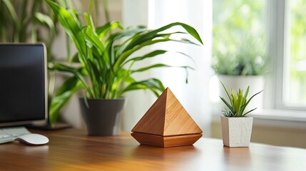 Fototapeta premium Modern Wooden Pyramid Sculpture on a Desk Surrounded by Lush Green Plants and a Minimalist Computer Setup in a Bright and Airy Office Environment