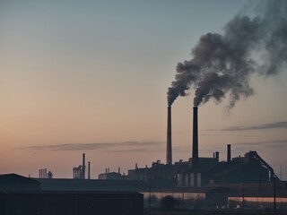 Industrial skyline at dusk with smoke plumes rising from chimneys.