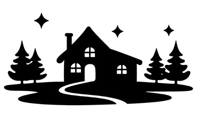 モミの木と家のシルエットイラスト　冬のイメージ　透過背景の切り抜き
