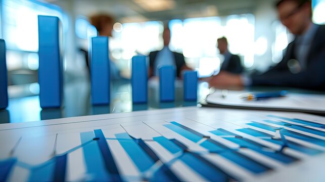 Business team discussing a rising sales graph during a meeting in a conference room.