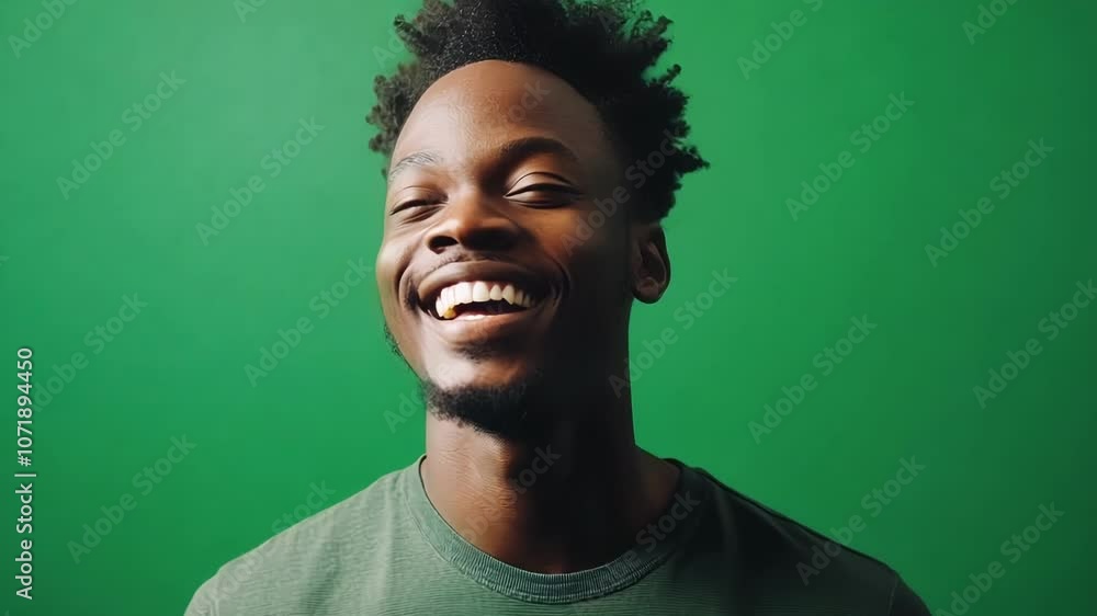 Poster young man is expressing joy and positivity while standing on a green screen background, perfect for 