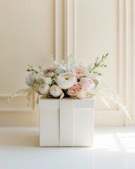 Gift box with flowers on a beige background.