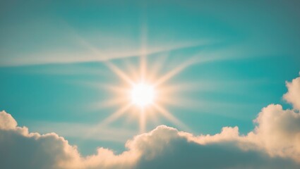Bright sun illuminating fluffy clouds in a clear blue sky.