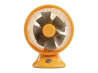 a yellow fan with a round metal blade