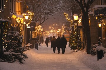 Couple strolling on snowcovered street, bundled in winter coats, surrounded by snowladen trees, warm lights glowing.