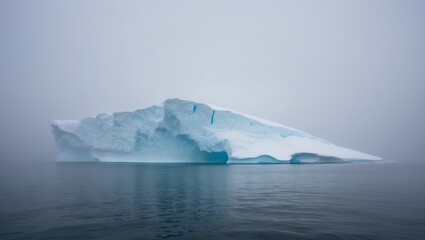Solitary iceberg glowing in misty waters.