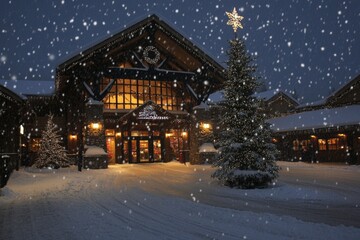 Fototapeta premium Snowcovered small town with twinkling Christmas tree, cozy houses, festive decorations under starry winter sky.