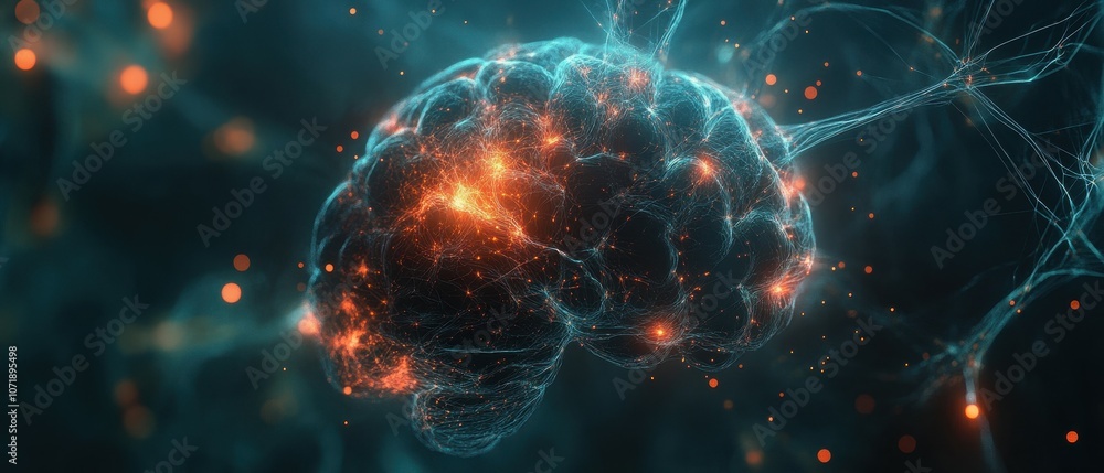 Poster explore the intricacies of an abstract glowing brain with soft neural connections