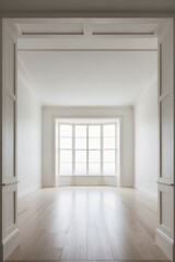 Spacious empty room with large window and hardwood floor.