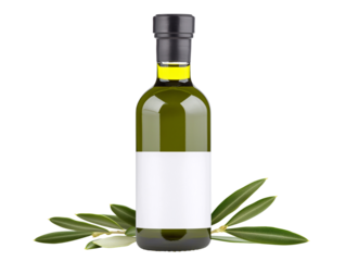 a bottle of olive oil with leaves