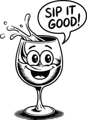 Cheerful Cartoon Wine Glass Character Saying 'Sip It Good!' - Fun Drink Illustration