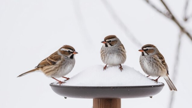 Three sparrows perched on a snowy bird feeder during winter afternoon.