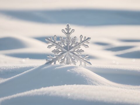 Freshly fallen snow and a large silver snowflake.