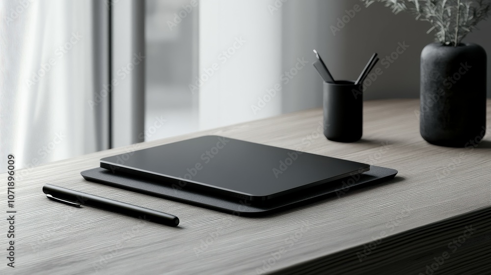 Poster create a stylish minimalist workspace with a tablet and elegant pen setup