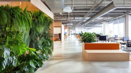 Create a serene workspace with a minimalist open office featuring green plants and natural light