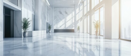 Obraz premium Explore the elegance of a modern skyscraper lobby featuring marble floors and high ceilings