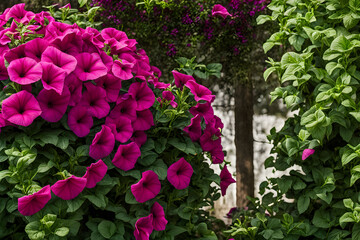 Bright fuchsia petunias in a sunny garden with a backdrop of leafy green plants, Ai Genrated