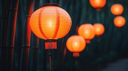 Serene Lanterns Glowing Softly in Bamboo Forest