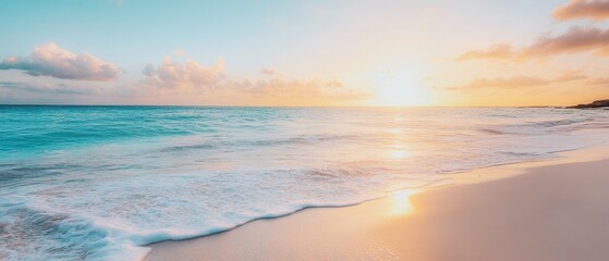 Obraz premium Experience tranquility as the sun sets over a quiet beach with warm colors