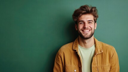 Fototapeta premium Young cute calm cool blond caucasian european cheerful attractive man 30s he wearing basic t-shirt looking camera isolated on plain green color background studio portrait. People lifestyle concept
