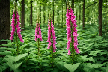 Fototapeta premium Bright pink foxgloves growing in a shaded forest with rich green foliage, AI Generated