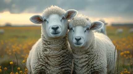 Obraz premium Two sheep greet each other, out of focus background of a green grass and cloudy sky.
