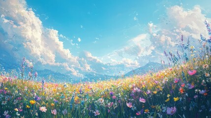 Explore the beauty of a brightly lit meadow filled with vibrant wildflowers under a blue sky